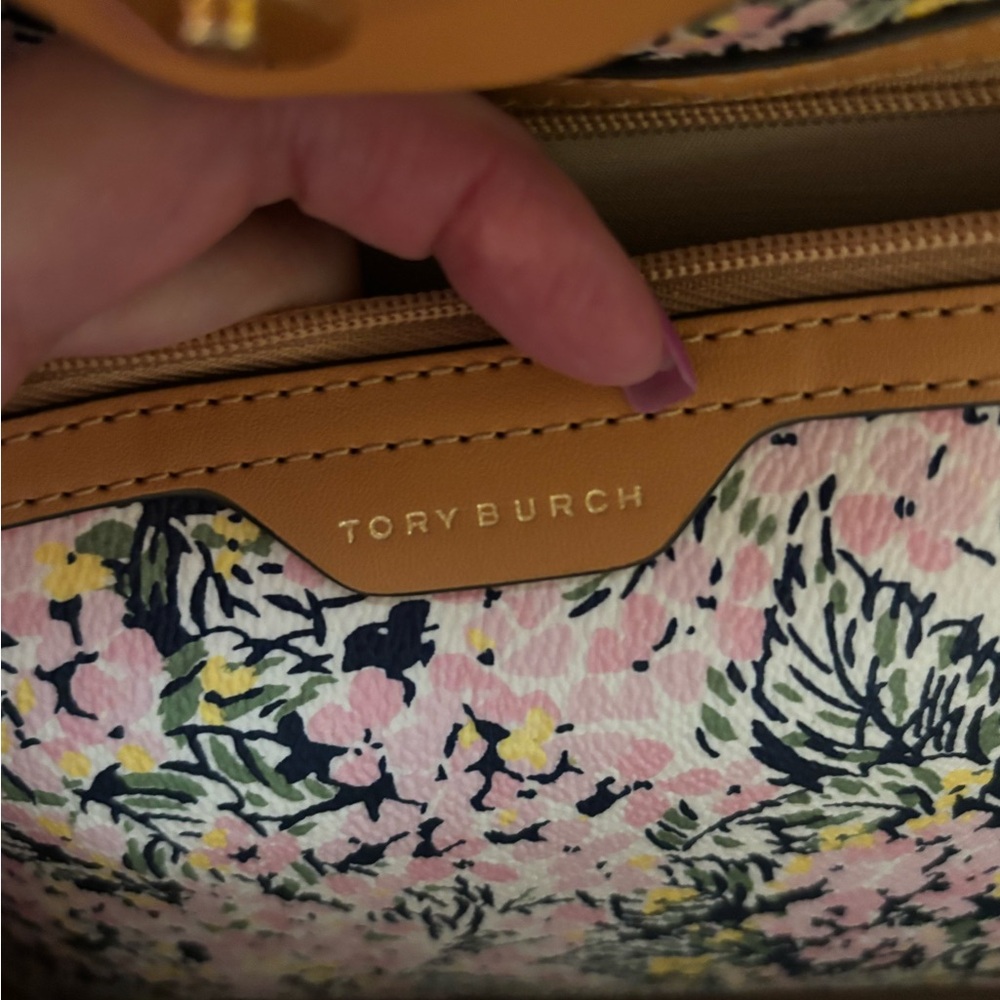 Tory Burch Pink Floral Canvas Tote with Tan Leather Handles and Gold Charm - Picture 2 of 6